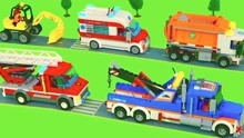 工程车玩具卡通：垃圾车和警车吊车建造城市