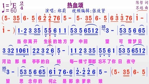 郑莉演唱《热血颂》的同步动态彩色简谱
