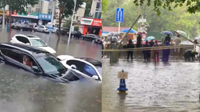 河南郑州提早迎战暴雨：居民隔着防洪围挡看海街头泡水车随浪起伏